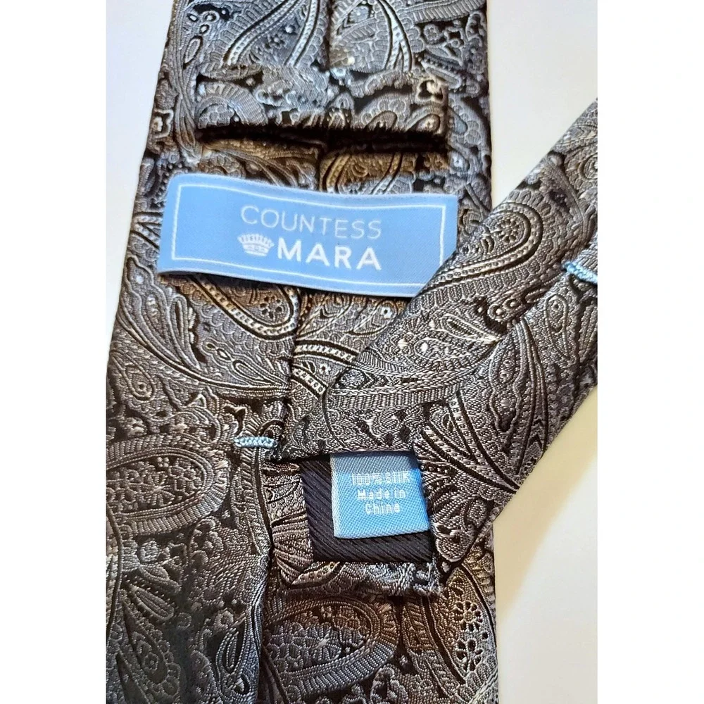 Countess Mara Mens‎ Necktie 100% Silk Gray Black Paisley Print Business Formal